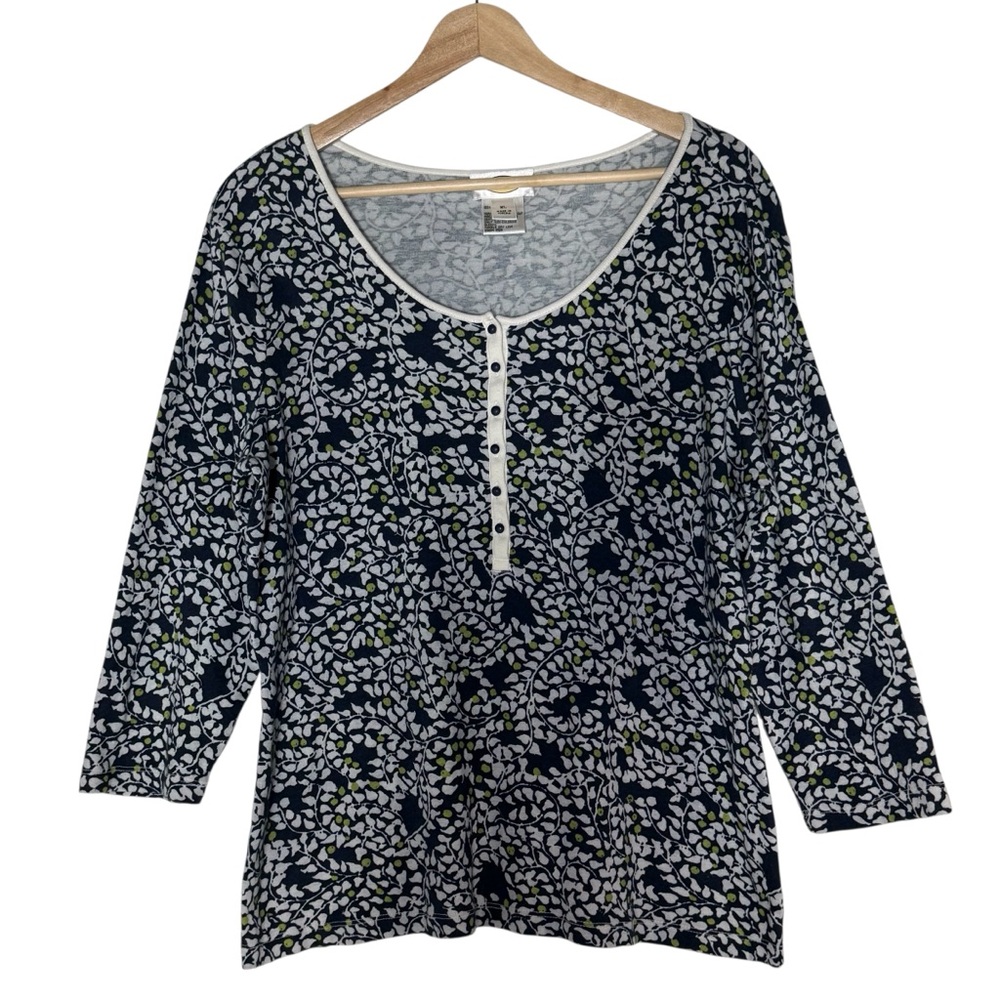 Talbots VTG Leaf Patterned Henley Style Pullover Sweater Size XL ScoopNeck Navy